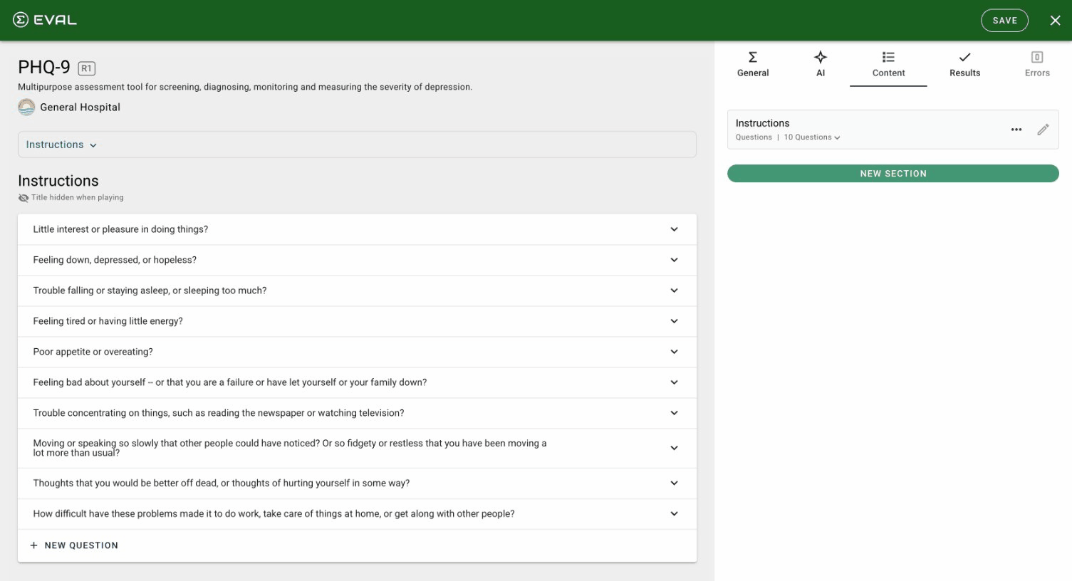 The Content tab showing the section list with questions and a New Section button