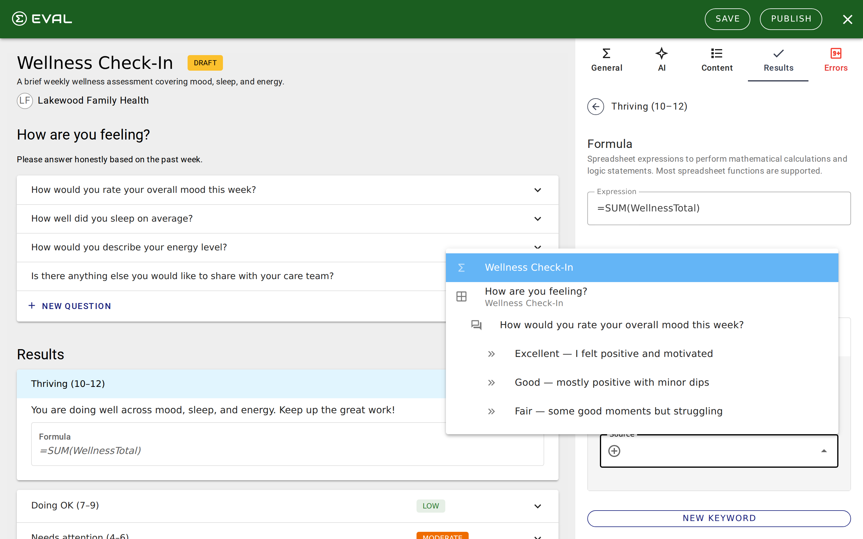 Source picker showing the evaluation's sections, questions, and choices