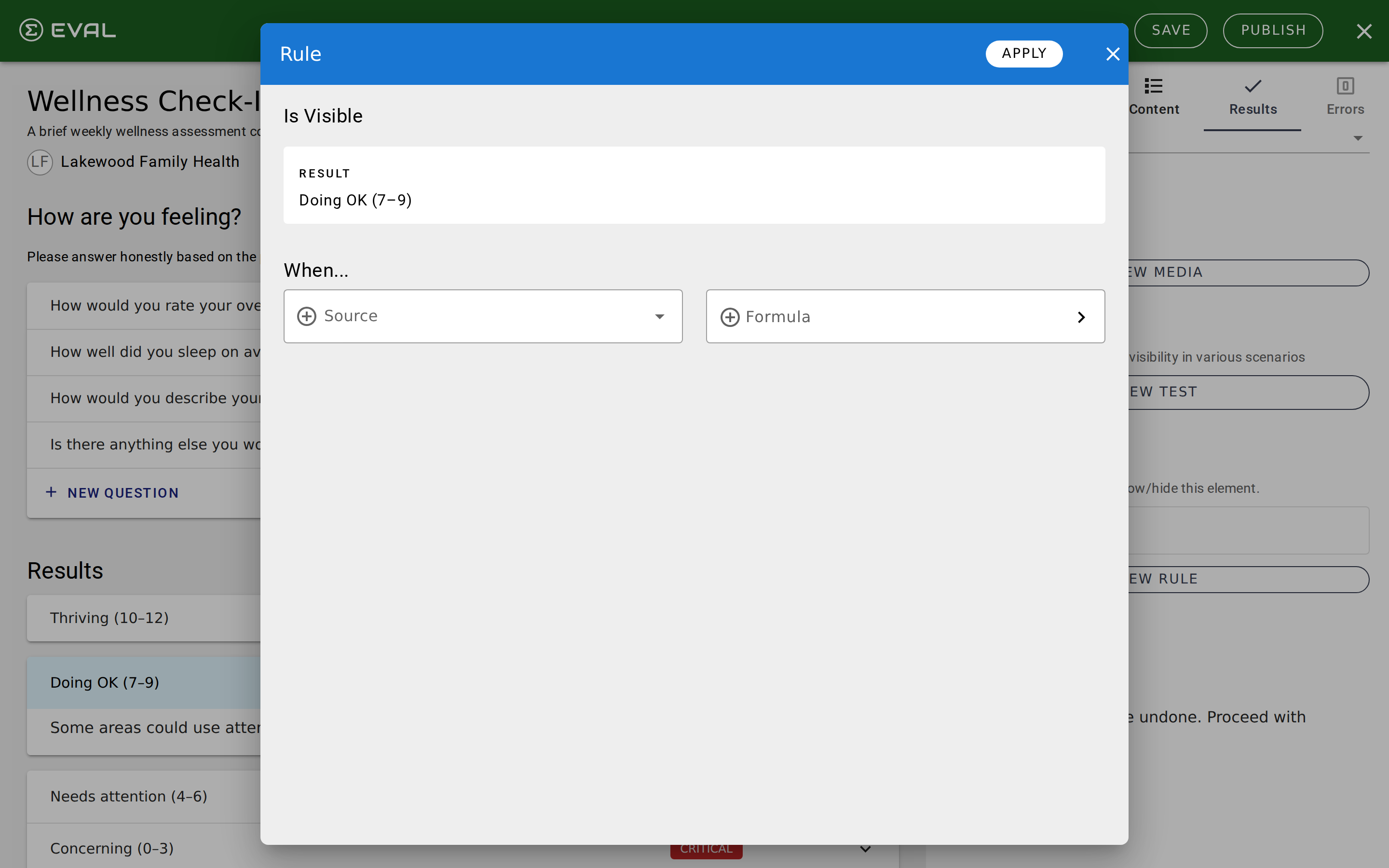 Formula editor inside a visibility rule condition