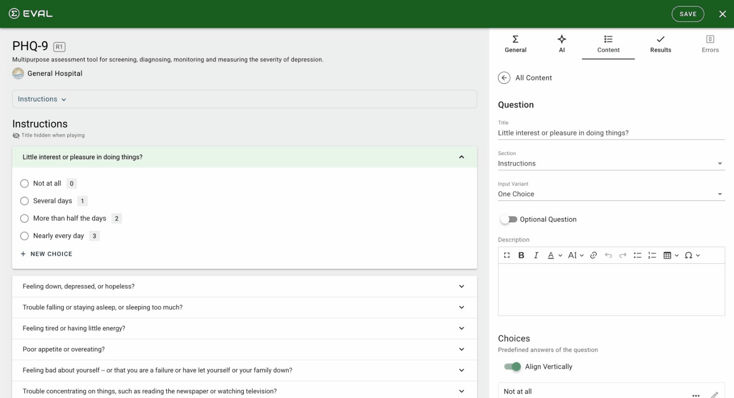 The question editor showing a One Choice question with title, section, and choices configuration
