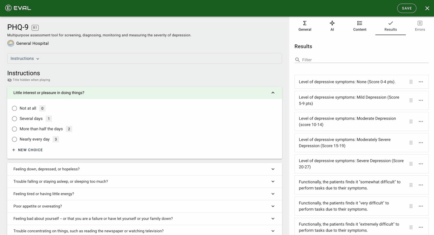 The Results tab showing PHQ-9 depression severity score ranges and functional impairment results