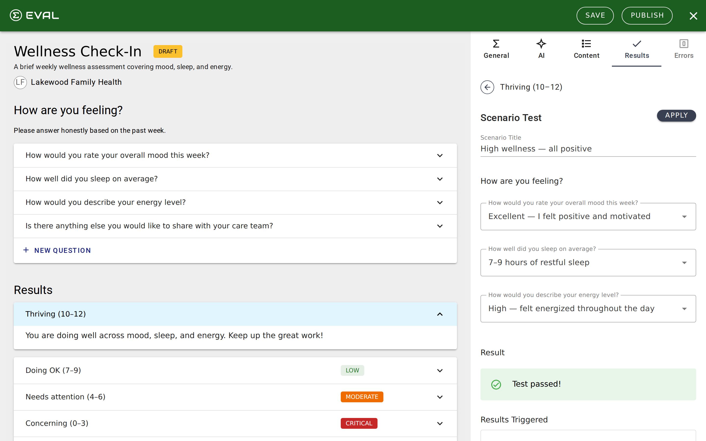 Scenario test editor with question answers and a passing result
