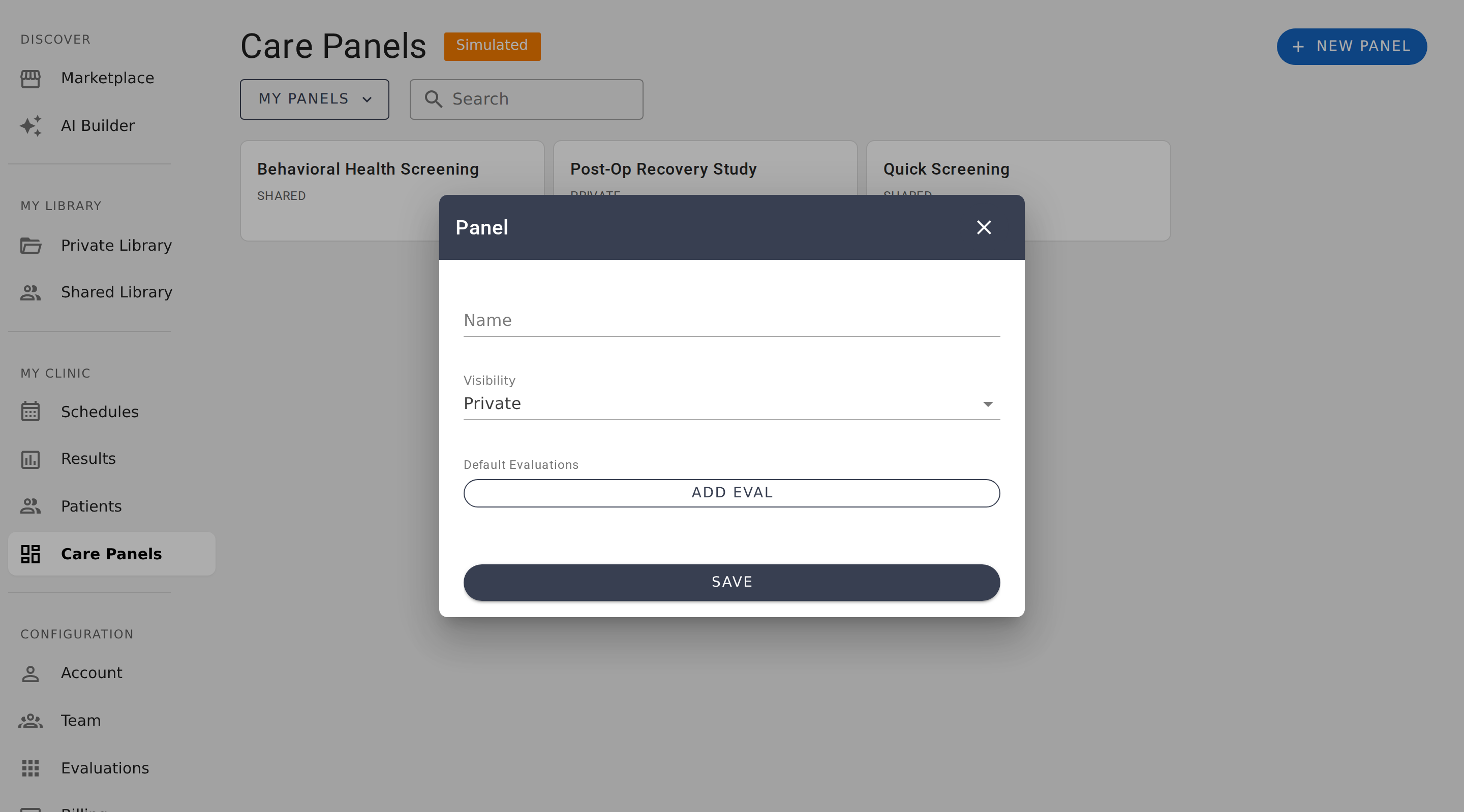 The create panel dialog where you name and configure a new care panel