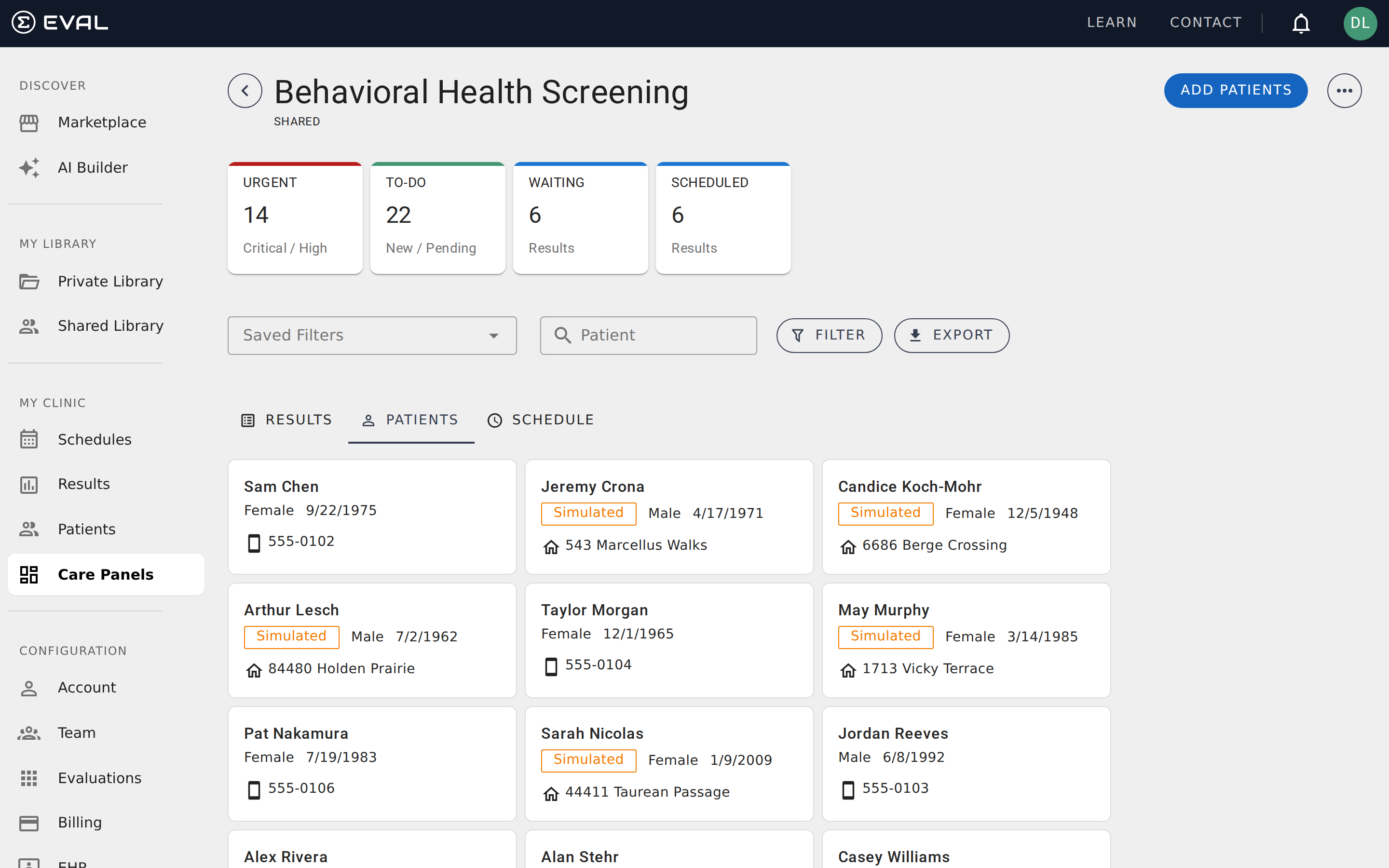The patients tab listing all enrolled patients