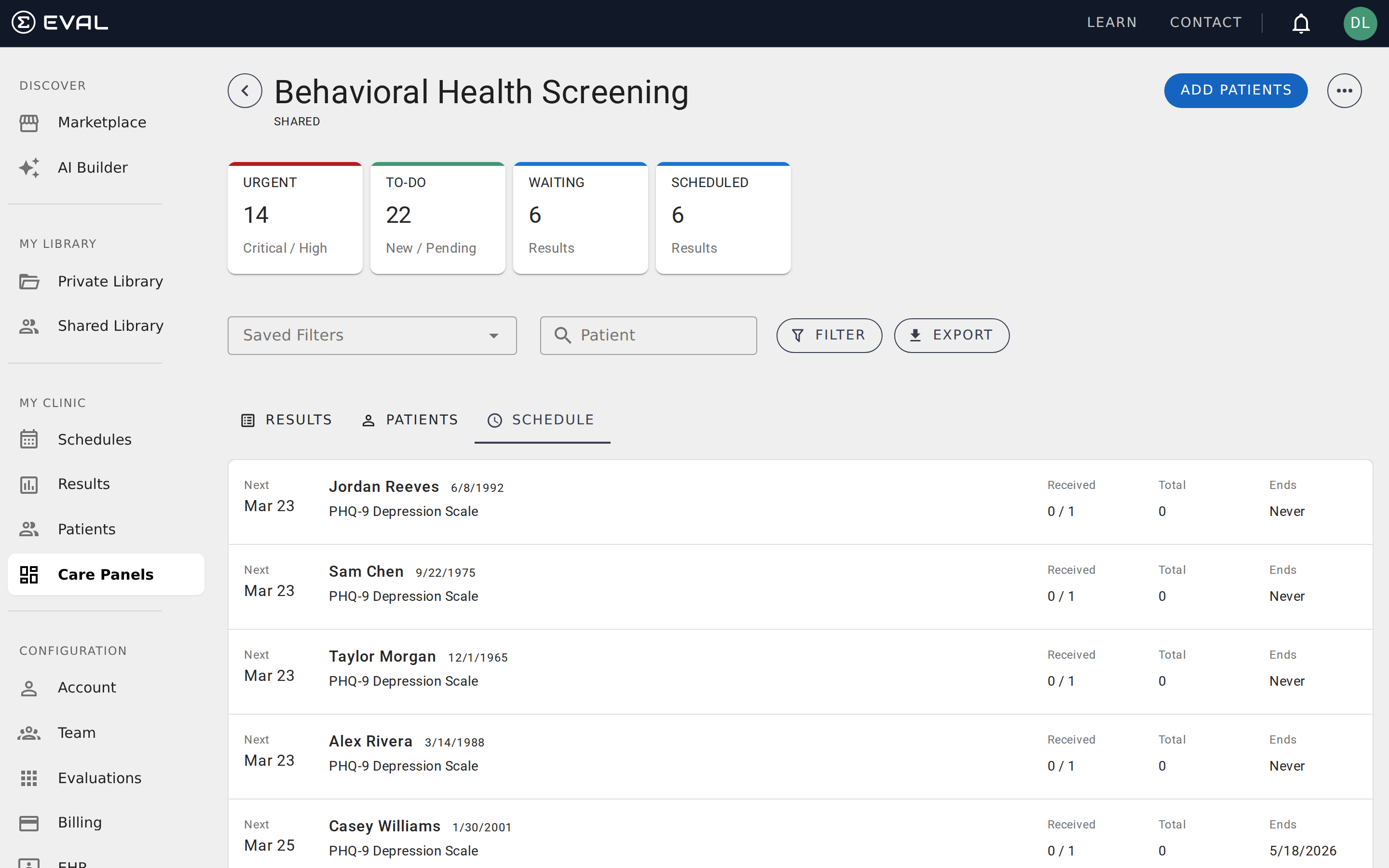 The schedule tab showing assessment schedules