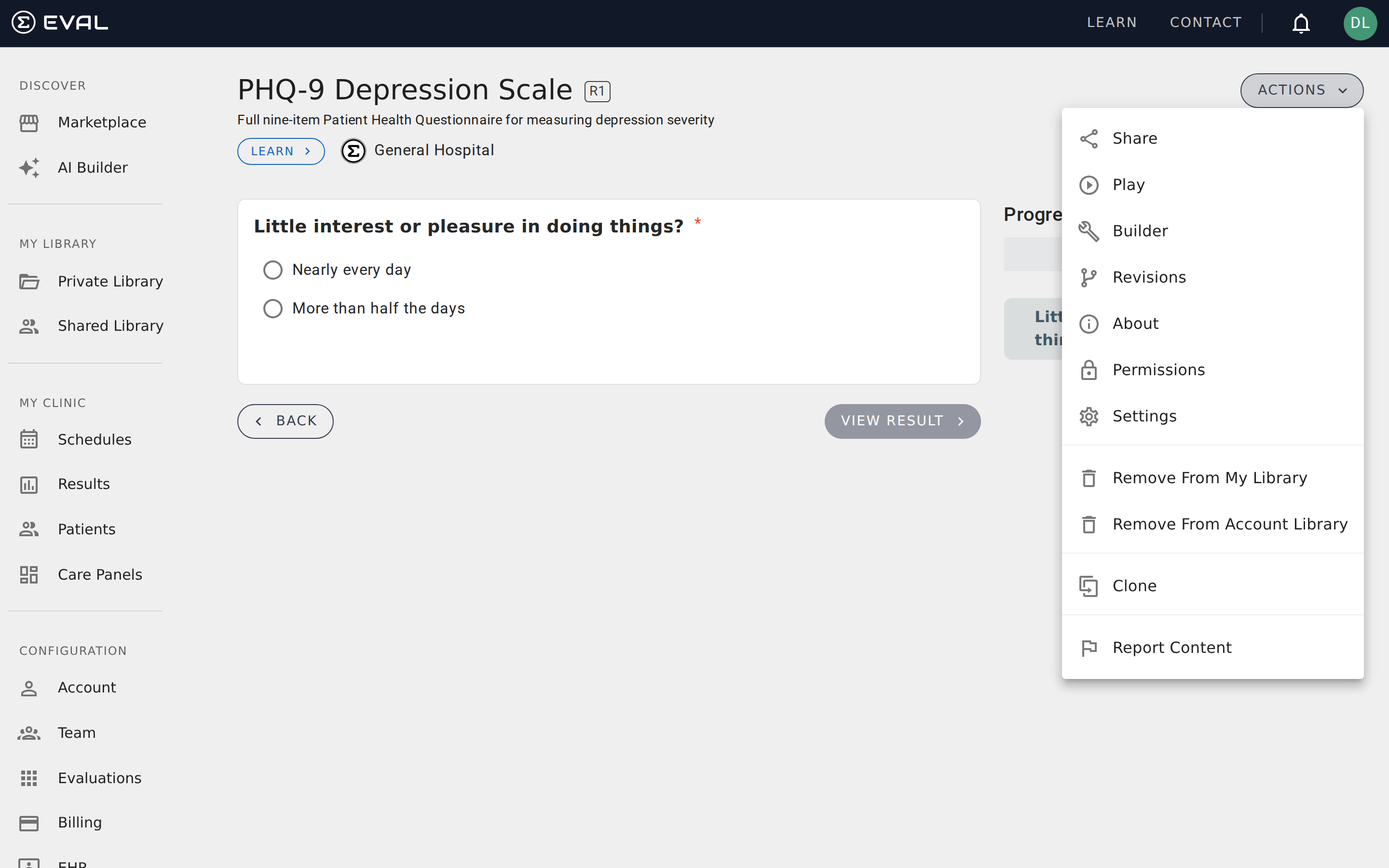 Evaluation actions menu