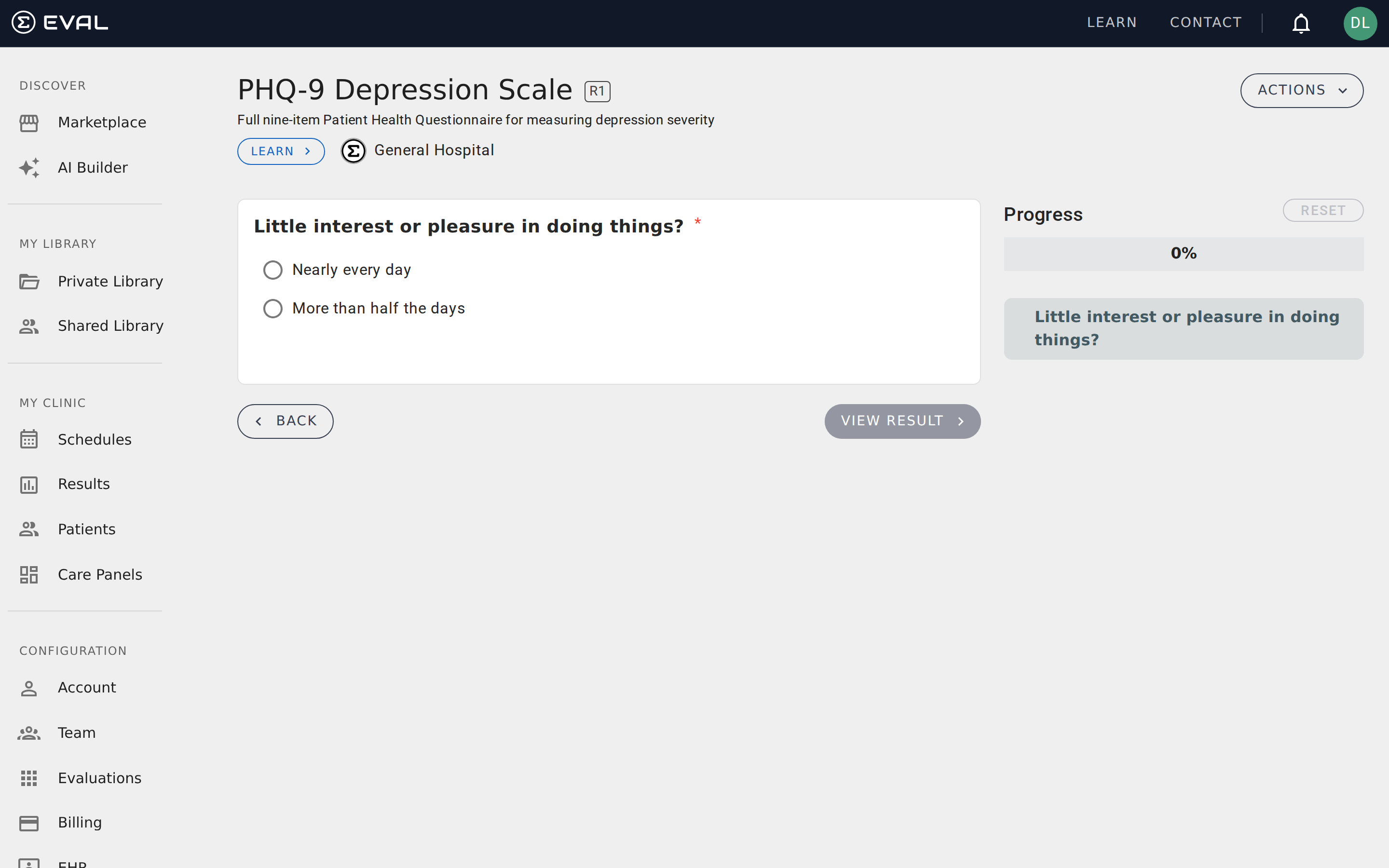 Completed PHQ-9 in the builder